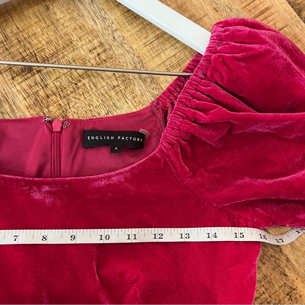 English Factory Rasbperry Red Pink Puff Sleeve Velvet Babydoll Dress Size Small - Picture 7 of 9